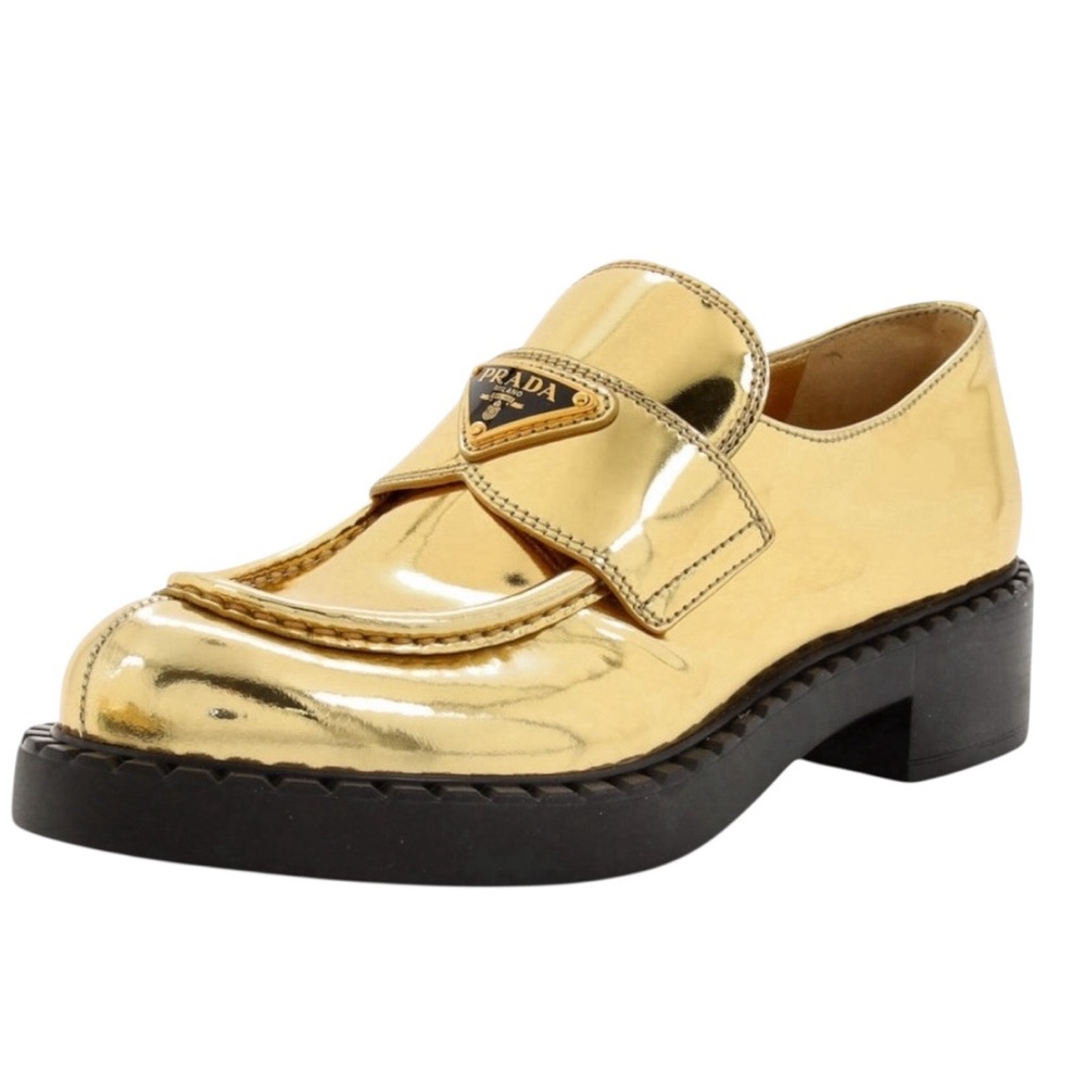 Prada Patent Metallic Leather Metal Triangle Logo Trim Platform Block HeelLoafer